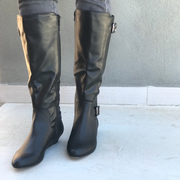Black Demi Wedge Tall Boots - Picture 2 of 5